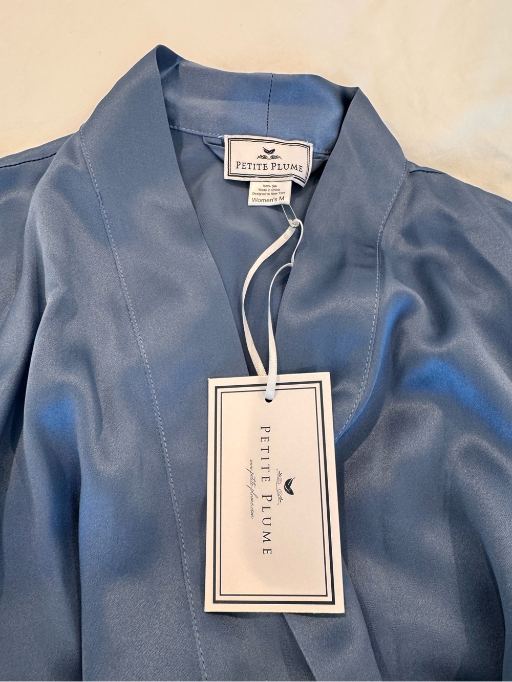 Petite Plum Mulberry Silk Lace Robe in Mystique Blue, Sz Medium, New w tags